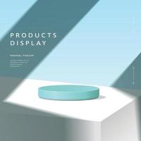Abstract minimal scene, cylinder podium in blue background for product presentation displays.