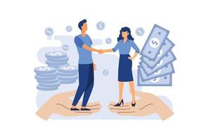 Finance. Financial intermediaries. Men stand on two palms and shake hands, behind them are dollar bills and coins. flat Vector illustration