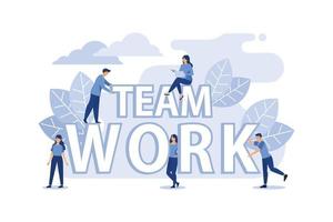 businessmen together build word teamwork, abstract design graphic, construction business project flat vector illustration