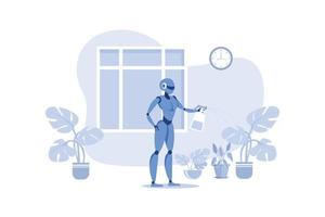 Home Robots Help in Everyday. Robotic Watering, Spraying and Caring for Plants in House. Artificial Intelligence Helps to Keep House. Big Window with View on House.