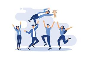 Business Team of Four Office Workers, Dressed Smart, Celebrating Victory, Throwing Their Leader with Golden Champion Cup for Scoring Top Result,