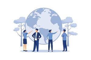 eco-friendly company. planet earth as environment symbol. take care of ecology protection by business. business man looking at blue world facing global warming pollution problem flat vector