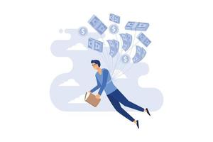 man to money floating in the sky.businessman flying with dollar signs. man read books.Businessman gliding in the sky with dollars. modern flat vector design illustration.