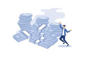 Happy successful businessman with lots of money flat vector illustration