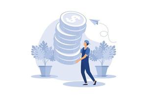 Start invest in stock market, begin savings to achieve financial goal, power of compound interest, collecting wealth, young adult office man carrying money coin start step on compound money stack.
