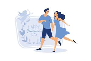 feliz día de san valentín pareja en la cita. el hombre da flores a la mujer. san valentín y día, pareja y día de san valentín, feliz san valentín, pareja enamorada, pareja joven, amor y pareja feliz, flor y evento. vector