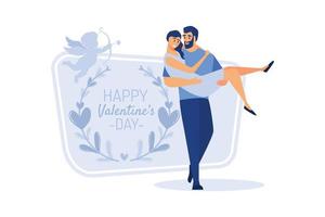 feliz día de san valentín pareja en la cita. el hombre da flores a la mujer. san valentín y día, pareja y día de san valentín, feliz san valentín, pareja enamorada, pareja joven, amor y pareja feliz, flor y evento. vector