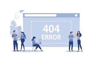 Business concept flat vector illustration, error 404, disconnection from the Internet, unavailable, little people are angry