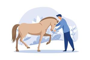 Equestrian person grooming horse, combing tail hair. Horseman rider boy kid cartoon character taking care of domestic animal pet at farm ranch. Equestrianism fun. Flat man vector illustration