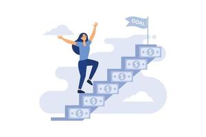 Businesswoman walking on growing money way in sky, vector illustration cartoon
