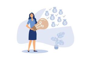 Businesswoman with powerful light bulb glow to money, flat vector illustration