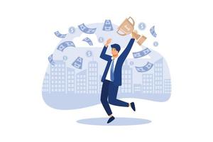 Happy business man jumping under money rain with Golden Trophy Cup. flat Vector illustration