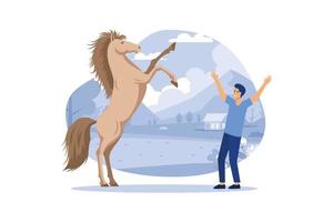 un trabajo con un caballo de acrobacias. ilustración de un trabajo con un caballo de acrobacias sobre un fondo de montañas. ilustración vectorial plana de un hombre entrenando a un caballo de acrobacias. vector