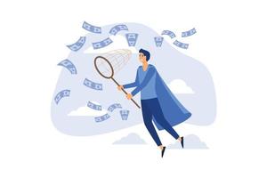 Businessman trying to catch flying money with a butterfly net. Happy running entrepreneur man using business opportunity to scoop some dollar bills. modern flat vector illustration
