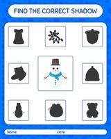 Find the correct shadows game with snowman. worksheet for preschool kids, kids activity sheet vector