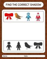 Find the correct shadows game with christmas icon. worksheet for preschool kids, kids activity sheet vector