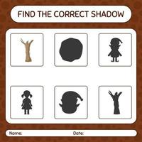 encuentra el juego de sombras correcto con el árbol muerto. hoja de trabajo para niños en edad preescolar, hoja de actividades para niños vector