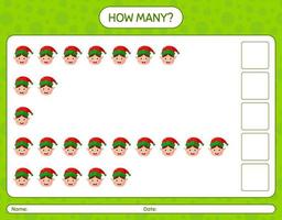 How many counting game with elf. worksheet for preschool kids, kids activity sheet vector