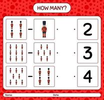 How many counting game with nutcracker. worksheet for preschool kids, kids activity sheet vector