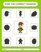 encuentra el juego de sombras correcto con elf. hoja de trabajo para niños en edad preescolar, hoja de actividades para niños vector