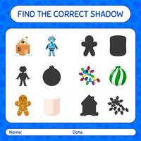 encuentra el juego de sombras correcto con el icono de navidad. hoja de trabajo para niños en edad preescolar, hoja de actividades para niños vector