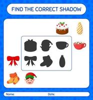 encuentra el juego de sombras correcto con el icono de navidad. hoja de trabajo para niños en edad preescolar, hoja de actividades para niños vector