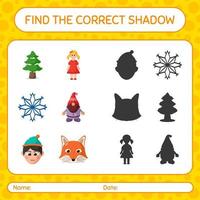 encuentra el juego de sombras correcto con el icono de navidad. hoja de trabajo para niños en edad preescolar, hoja de actividades para niños vector