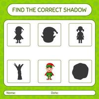 Find the correct shadows game with elf. worksheet for preschool kids, kids activity sheet vector