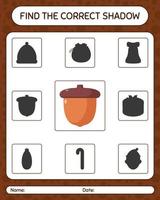 Find the correct shadows game with acorn. worksheet for preschool kids, kids activity sheet vector