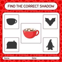 encuentra el juego de sombras correcto con malvavisco en chocolate caliente. hoja de trabajo para niños en edad preescolar, hoja de actividades para niños vector