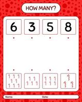 How many counting game with candy cane. worksheet for preschool kids, kids activity sheet vector