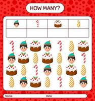 How many counting game with christmas icon. worksheet for preschool kids, kids activity sheet vector