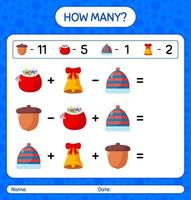 How many counting game with christmas icon. worksheet for preschool kids, kids activity sheet vector