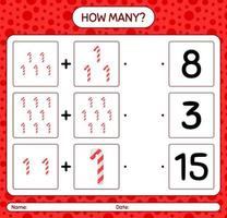 How many counting game with candy cane. worksheet for preschool kids, kids activity sheet vector