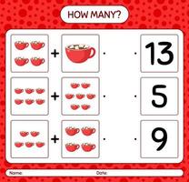 How many counting game with marshmallow on hot chocolate. worksheet for preschool kids, kids activity sheet vector