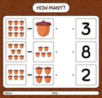 How many counting game with acorn. worksheet for preschool kids, kids activity sheet vector