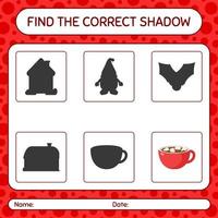 encuentra el juego de sombras correcto con malvavisco en chocolate caliente. hoja de trabajo para niños en edad preescolar, hoja de actividades para niños vector