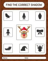 Find the correct shadows game with reindeer. worksheet for preschool kids, kids activity sheet vector