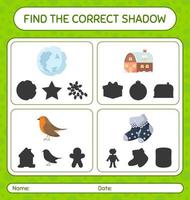 Find the correct shadows game with christmas icon. worksheet for preschool kids, kids activity sheet vector