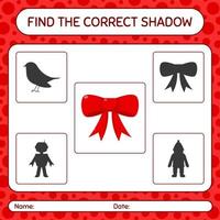 Find the correct shadows game with ribbon. worksheet for preschool kids, kids activity sheet vector