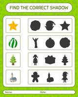 encuentra el juego de sombras correcto con el icono de navidad. hoja de trabajo para niños en edad preescolar, hoja de actividades para niños vector