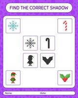 encuentra el juego de sombras correcto con el icono de navidad. hoja de trabajo para niños en edad preescolar, hoja de actividades para niños vector