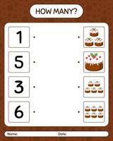 How many counting game with christmas cake. worksheet for preschool kids, kids activity sheet vector