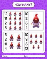 How many counting game with gnome. worksheet for preschool kids, kids activity sheet vector