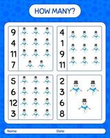 How many counting game with snowman. worksheet for preschool kids, kids activity sheet vector