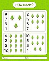 How many counting game with christmas tree. worksheet for preschool kids, kids activity sheet vector