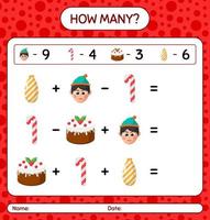 How many counting game with christmas icon. worksheet for preschool kids, kids activity sheet vector