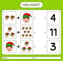 How many counting game with elf. worksheet for preschool kids, kids activity sheet vector