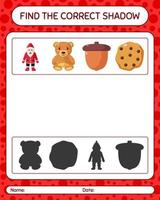 Find the correct shadows game with christmas icon. worksheet for preschool kids, kids activity sheet vector