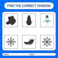 encuentra el juego de sombras correcto con muñeco de nieve. hoja de trabajo para niños en edad preescolar, hoja de actividades para niños vector